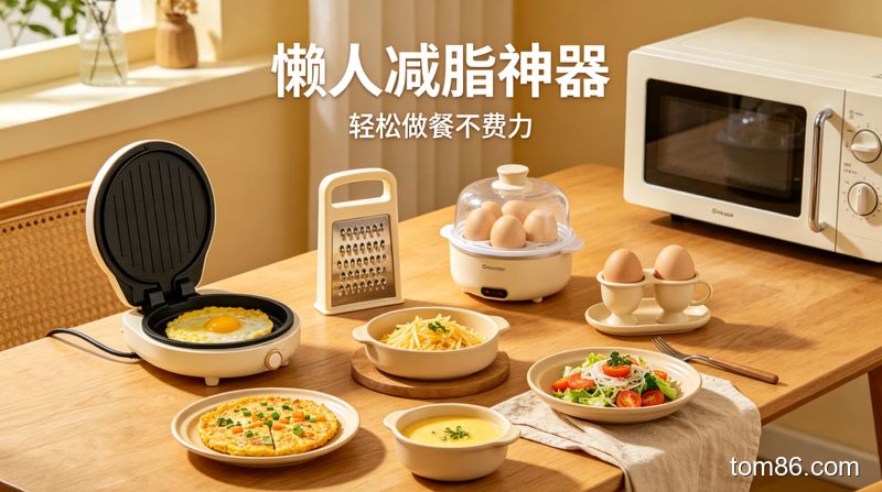餐桌上摆放懒人鸡蛋料理神器（自动煎蛋器 + 土豆擦片器 + 蒸蛋器 + 微波炉鸡蛋杯），旁边放做好的不同款式鸡蛋减脂餐，温馨居家风格，标注 &ldquo;懒人减脂神器&rdquo;&ldquo;轻松做餐不费力&rdquo;