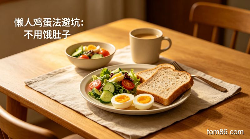 用煮鸡蛋、全麦吐司快速组装早餐，风格清新明亮，标注 &ldquo;5 分钟快手减肥餐&rdquo;&ldquo;懒人专属&rdquo;，关键元素：煮鸡蛋、全麦吐司、低脂牛奶