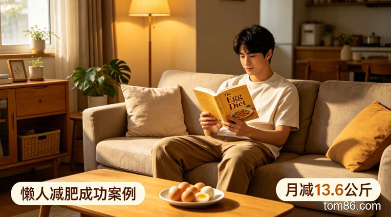 居家客厅场景，男生拿着《The Egg Diet》书籍，旁边放着一盘煮鸡蛋，风格生活化，标注 &ldquo;懒人减肥成功案例&rdquo;&ldquo;月减 13.6 公斤&rdquo;
