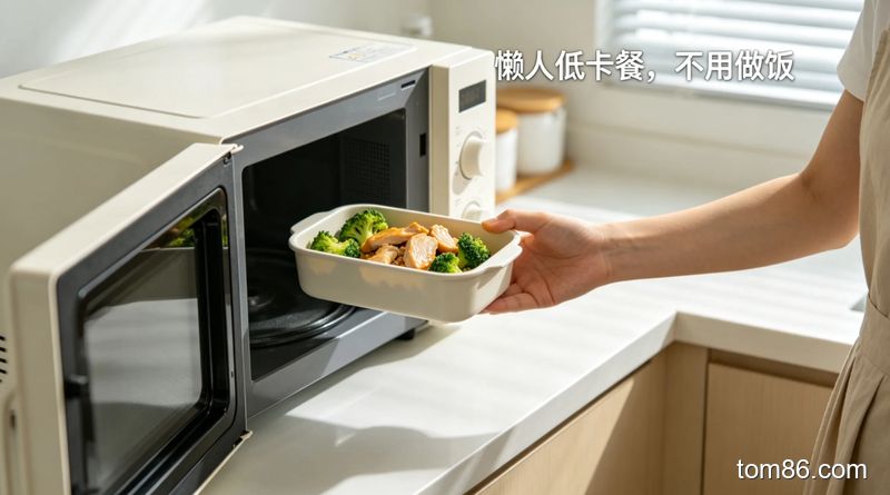 厨房场景，懒人用微波炉加热冰箱里的西兰花和鸡胸肉剩菜