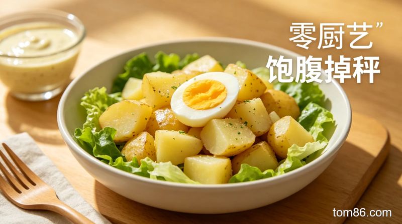 餐桌上摆着一碗混合土豆块、水煮蛋片、生菜的低卡土豆沙拉，旁边放着低卡沙拉酱，清新生活化风格，标注 &ldquo;零厨艺&rdquo;&ldquo;饱腹掉秤&rdquo; 文字