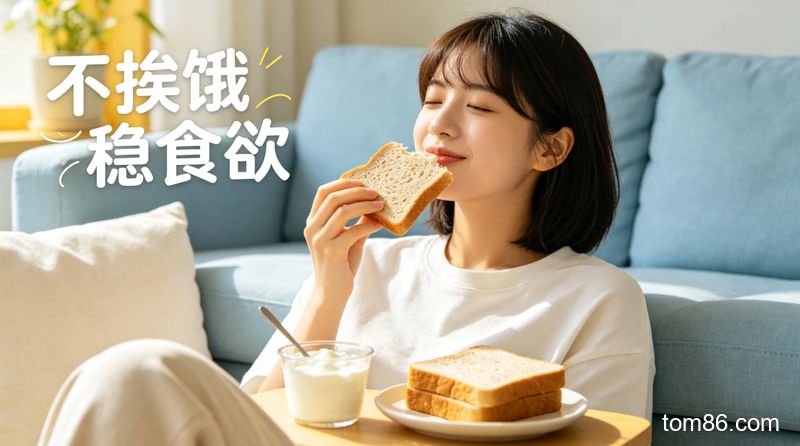居家场景，女生坐在沙发上吃低 GI 全麦面包配无糖酸奶，表情满足放松，风格清新明亮，画面标注文字 &ldquo;不挨饿 稳食欲&rdquo;，无运动器械，突出懒人轻松饮食状态