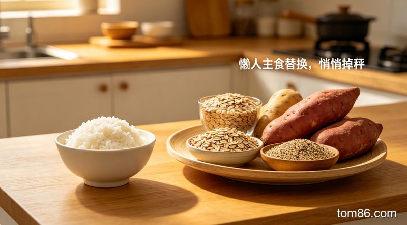 厨房操作台场景，左侧是白米饭，右侧摆放燕麦、红薯、藜麦等低 GI 主食，旁边有文字 &ldquo;懒人主食替换，悄悄掉秤&rdquo;，温馨生活化风格