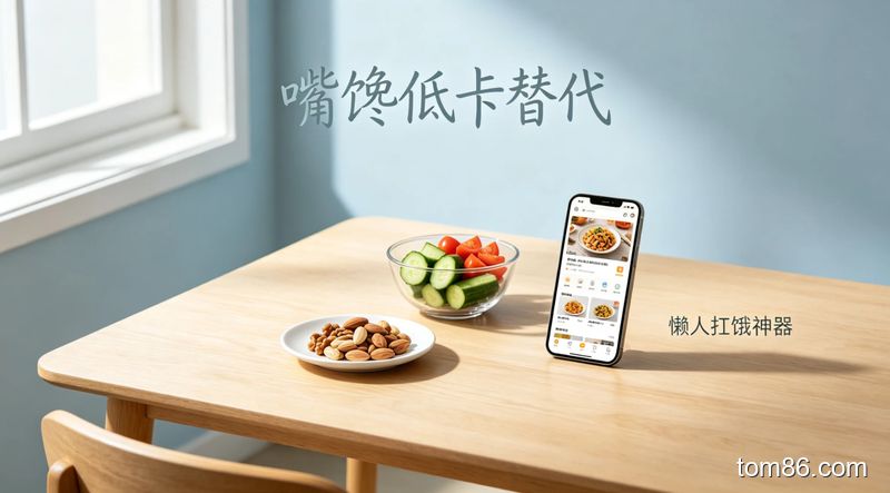 餐桌场景，摆放着一小盘坚果、切好的黄瓜和小番茄，旁边放着手机，风格清新简约，画面标注文字 &ldquo;嘴馋低卡替代&rdquo;&ldquo;懒人扛饿神器&rdquo;