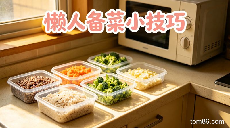 厨房台面，主体：提前切好分装的杂粮米、西兰花碎等减脂食材，旁边放着微波炉，风格：温馨生活化，标注文字 &ldquo;懒人备菜小技巧&rdquo;