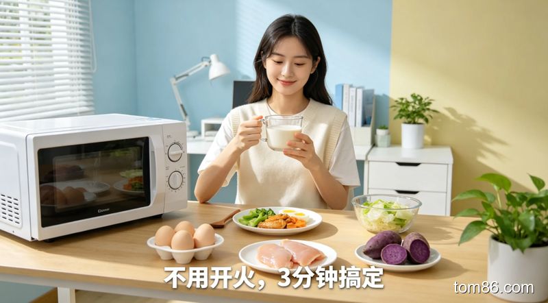 宿舍书桌 / 办公室工位，主体动作：女生手持耐高温玻璃杯子准备制作减脂餐，风格：清新明亮生活化，关键元素：微波炉、鸡蛋、鸡胸肉、紫薯等低卡食材，标注文字