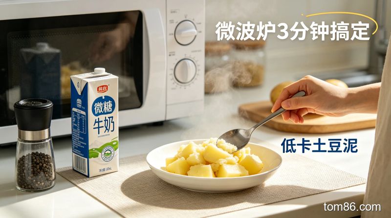 厨房微波炉旁，用勺子压着刚加热好的土豆块，旁边放着无糖牛奶和黑胡椒，清新明亮风格，标注 &ldquo;微波炉 3 分钟搞定&rdquo;&ldquo;低卡土豆泥&rdquo; 文字