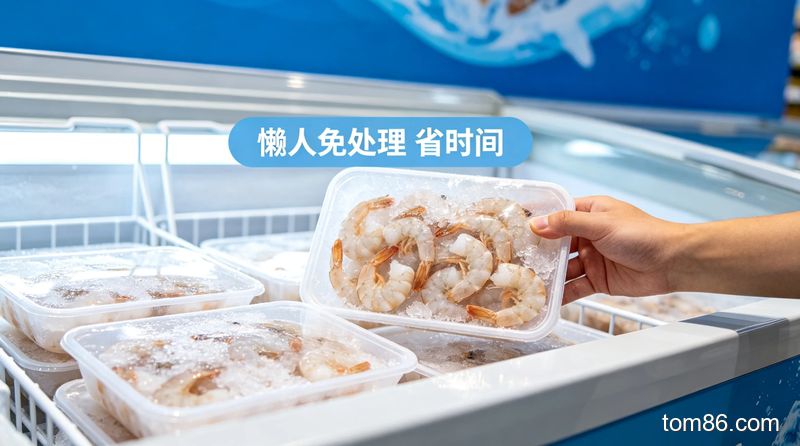 超市冷冻区场景，懒人伸手拿盒装去壳去线的冻虾，风格清新明亮，画面标注&lsquo;懒人免处理 省时间&rsquo;