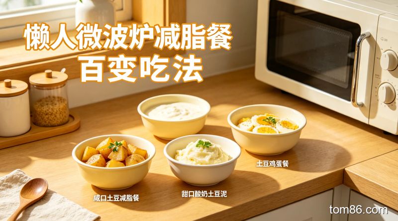 厨房台面上摆放三个可微波的碗,分别装着咸口土豆减脂餐、甜口酸奶土豆泥、土豆鸡蛋餐,旁边放微波炉,风格生活化明亮,标注 “懒人微波炉减脂餐百变吃法”