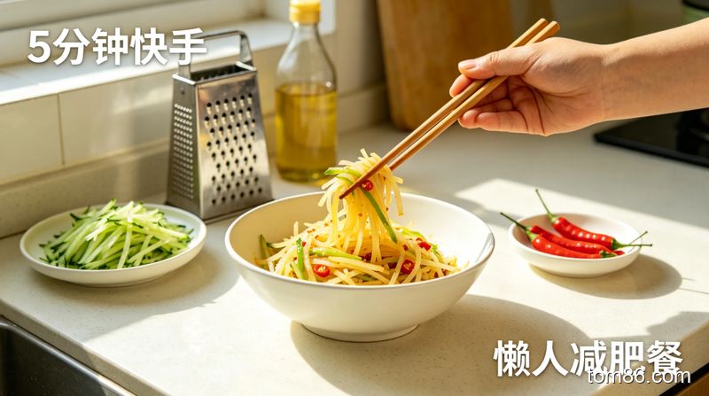 厨房操作台场景，手拿着筷子搅拌刚做好的酸辣凉拌土豆丝，清新明亮生活化风格，关键元素有擦丝器、小米辣、醋瓶，标注 &ldquo;5 分钟快手&rdquo;&ldquo;懒人减肥餐&rdquo; 文字