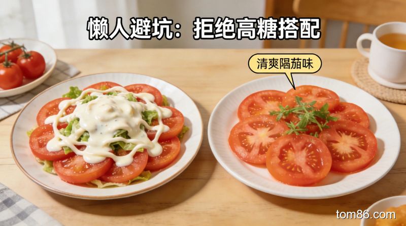 餐桌场景,明亮对比风格,左边是加了大量沙拉酱的番茄盘,右边是清爽原味番茄盘,标注 “懒人避坑:拒绝高糖搭配” 文字