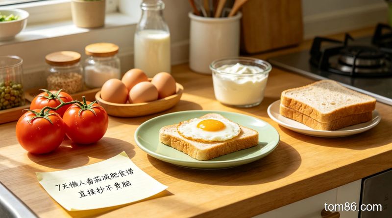 厨房场景，摆放着西红柿、鸡蛋、全麦面包、酸奶等低卡食材，旁边放着写有 &ldquo;7 天懒人番茄减肥食谱&rdquo; 的便签，风格清新明亮生活化，标注 &ldquo;直接抄不费脑&rdquo;