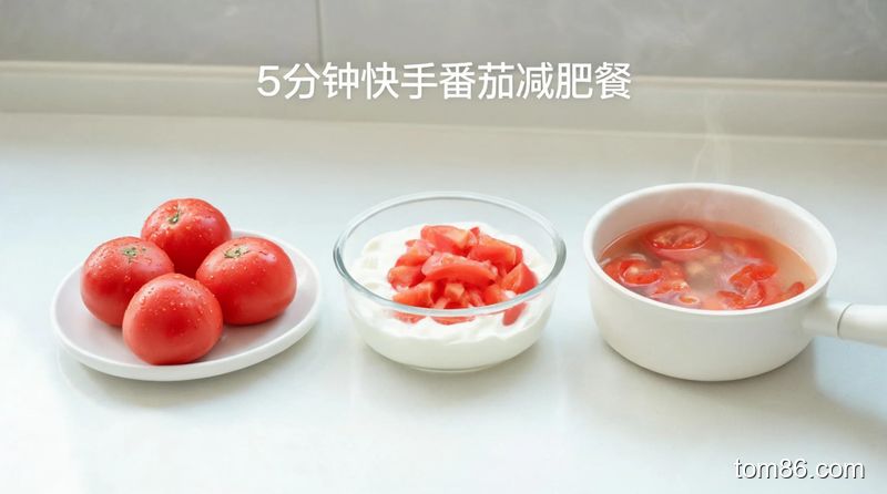 厨房场景展示 3 种懒人番茄吃法：一盘洗净的整番茄、一碗番茄拌酸奶、一锅简易番茄汤，配文字 &ldquo;5 分钟快手番茄减肥餐&rdquo;，画面简洁干净