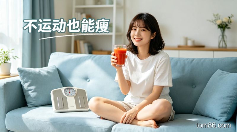 居家客厅场景，女生坐在沙发上，手里拿着一杯鲜榨番茄汁，旁边放着体重秤显示下降的数字，风格清新明亮，标注 &ldquo;不运动也能瘦&rdquo; 文字