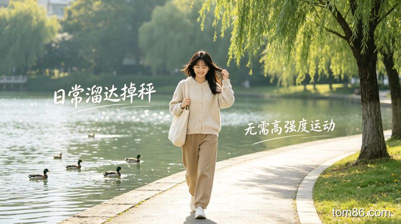 小区步道生活化场景，女生慢悠悠溜达，穿着休闲舒适，画面标注文字 &ldquo;日常溜达掉秤&rdquo;&ldquo;无需高强度运动&rdquo;，风格自然治愈