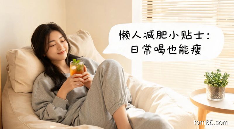 居家沙发场景，懒人惬意地抱着一杯冬瓜茶，旁边标注&lsquo;懒人减肥小贴士：日常喝也能瘦&rsquo;，风格慵懒轻松，突出无需刻意运动的躺瘦感