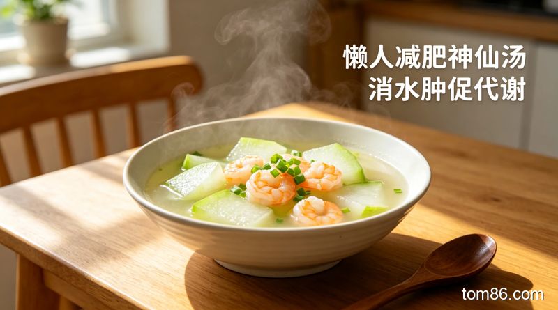 清新明亮居家厨房场景，一碗热气腾腾的冬瓜虾仁汤放在木质餐桌上，汤里可见冬瓜片、虾仁和葱花，旁侧配文字标注 &ldquo;懒人减肥神仙汤 消水肿促代谢&rdquo;，风格生活化治愈系