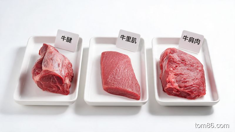 各种瘦牛肉部位对比图,牛腱、牛里肌、牛肩肉等低脂部位,背景干净,光线明亮