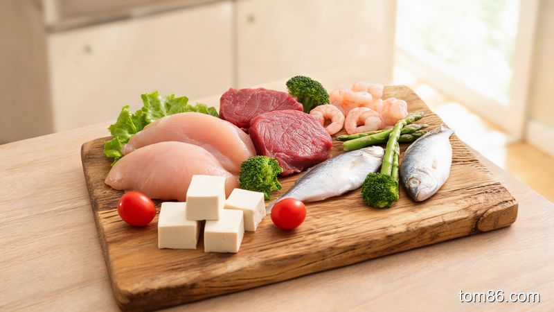 各种瘦肉如鸡胸肉、牛里脊、鱼虾和豆腐的摆盘,展示高蛋白低脂肪的优质选择