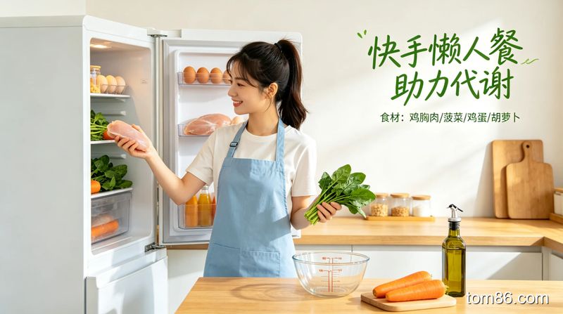 厨房场景，女生用冰箱剩菜制作低卡餐，风格清新明亮，画面标注文字 &ldquo;快手懒人餐 助力代谢&rdquo;，食材简单易取