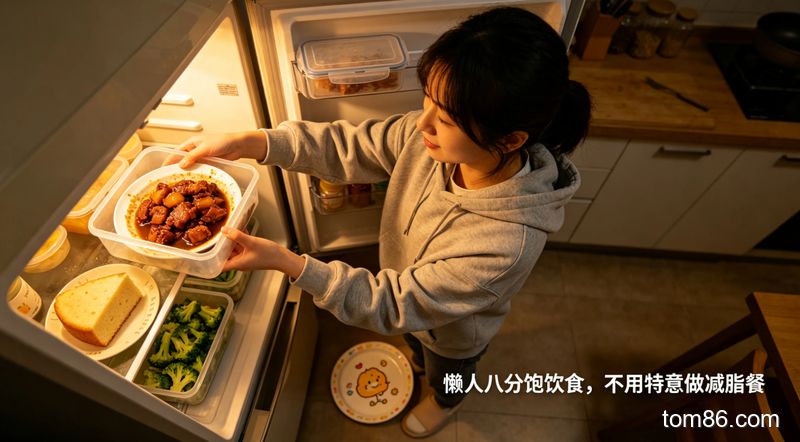 冰箱前,女生随手拿取剩菜搭配成简单餐食,风格生活化接地气,画面标注「懒人八分饱饮食,不用特意做减脂餐」