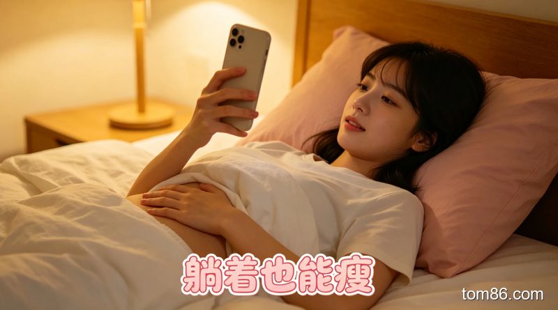 卧室床上场景,女生躺着边玩手机边揉腹部,风格温馨生活化,画面标注 “躺着也能瘦”