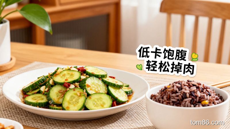 居家餐桌场景，一盘凉拌黄瓜搭配杂粮饭，旁边放着 &ldquo;低卡饱腹 轻松掉肉&rdquo; 的文字贴纸，风格温馨治愈