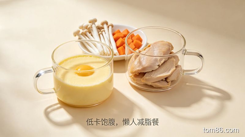 场景：干净的餐桌，主体：两个装有嫩滑鸡蛋羹和低脂鸡胸肉杯的玻璃杯子，旁边摆放金针菇、胡萝卜丁等食材，风格：清新简约，标注文字 &ldquo;低卡饱腹，懒人减脂餐&rdquo;