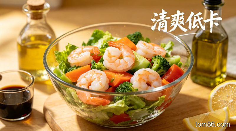 玻璃碗里装着颜色鲜亮的虾仁蔬菜沙拉，旁边摆着生抽、橄榄油、柠檬片三种简单调料，风格生活化，画面标注 &ldquo;清爽低卡&rdquo; 文字