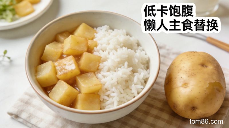 清新明亮的餐桌场景，一碗混合了一半蒸土豆块和一半白米饭的主食，旁边放着一个完整的蒸土豆，标注 &ldquo;低卡饱腹 懒人主食替换&rdquo;，生活化风格，色彩柔和