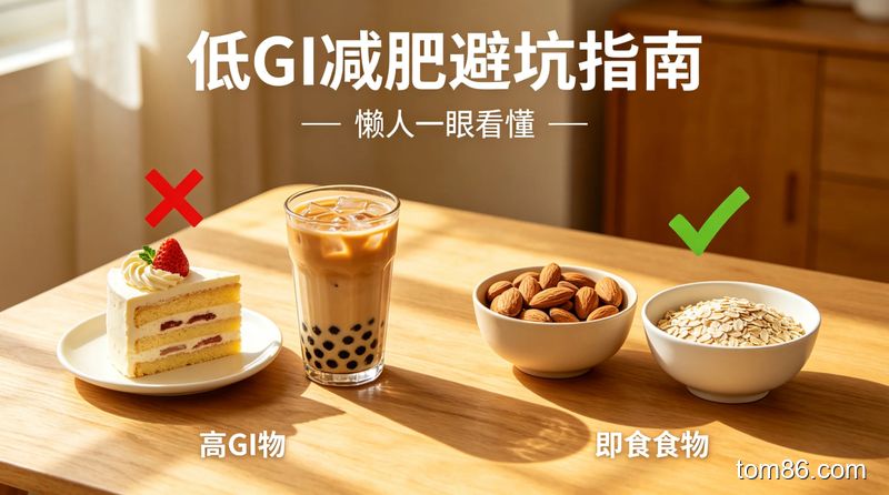 桌面场景,摆放着标注红色叉号的高 GI 食物(奶油蛋糕、珍珠奶茶)和绿色对号的低 GI 食物(原味坚果、即食燕麦),风格生活化,文字标注 “低 GI 减肥避坑指南”,懒人一眼看懂