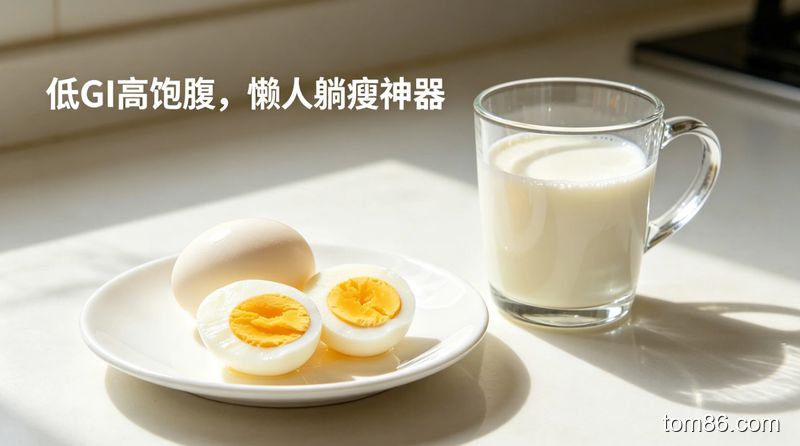清新明亮的厨房场景，摆放着水煮鸡蛋、无糖牛奶，旁边有文字标注 &ldquo;低 GI 高饱腹，懒人躺瘦神器&rdquo;，风格生活化、简洁干净