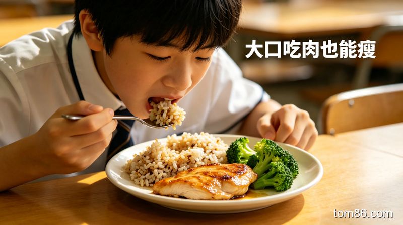 食堂餐桌，学生大口吃煎鸡胸肉 + 糙米饭 + 西兰花，风格生活化，标注 &ldquo;大口吃肉也能瘦&rdquo;