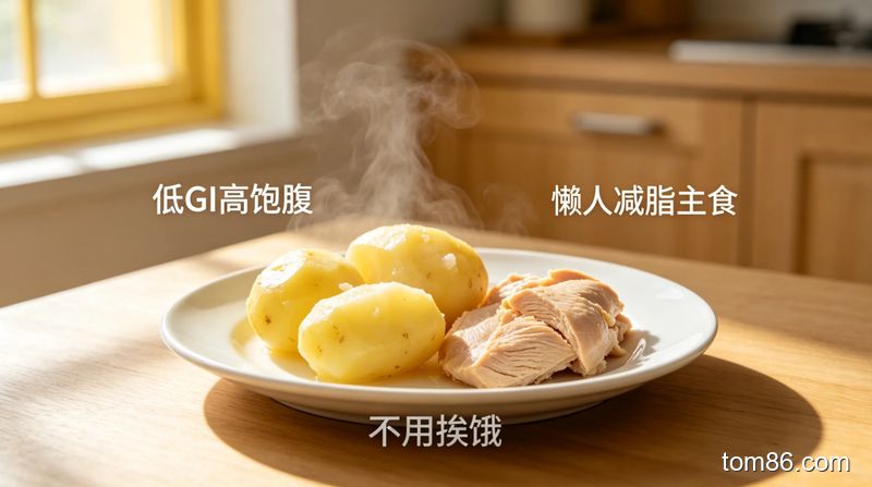 厨房场景，一盘蒸土豆搭配少量水煮鸡胸肉，清新明亮风格，画面标注文字 &ldquo;低 GI 高饱腹&rdquo;&ldquo;懒人减脂主食&rdquo;&ldquo;不用挨饿&rdquo;