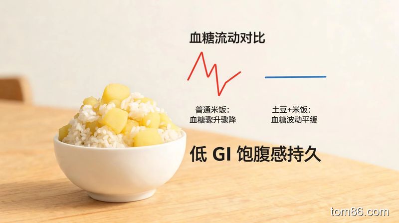 居家餐桌场景，简洁科普风格，一碗混合土豆和米饭的主食旁，配有 &ldquo;血糖波动平缓&rdquo; 的简易示意图，标注 &ldquo;低 GI 饱腹感持久&rdquo; 文字，直观展示懒人减肥的科学原理