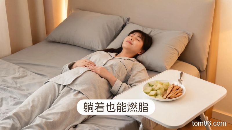 卧室床上，懒人躺着做轻缓腹式呼吸，旁边放着做好的冬瓜鸡胸晚餐，舒适放松风格，标注 &ldquo;躺着也能燃脂&rdquo;，无运动器械