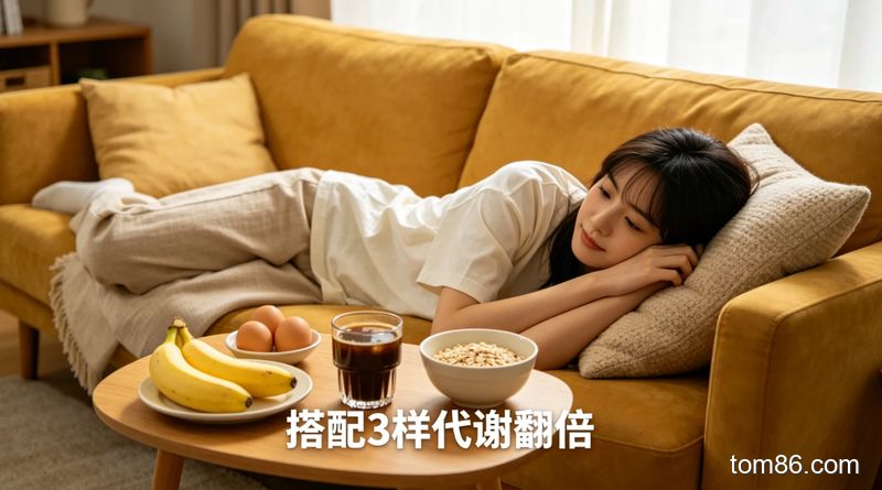 客厅沙发场景，温馨生活化风格，女生躺着追剧，旁边小桌上放着鸡蛋、香蕉、无糖黑咖啡、即食燕麦片，标注 &ldquo;搭配 3 样代谢翻倍&rdquo;