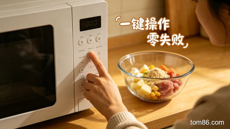 白色小微波炉前，懒人按下微波炉按键，旁边放着装好食材的玻璃碗，标注 &ldquo;一键操作 零失败&rdquo;，风格温馨生活化