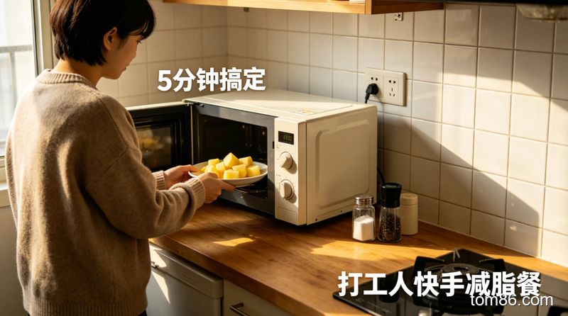 出租屋小厨房场景，打工人用微波炉加热土豆块，旁边放着简单调料，生活化风格，画面标注文字 &ldquo;5 分钟搞定&rdquo;&ldquo;打工人快手减脂餐&rdquo;