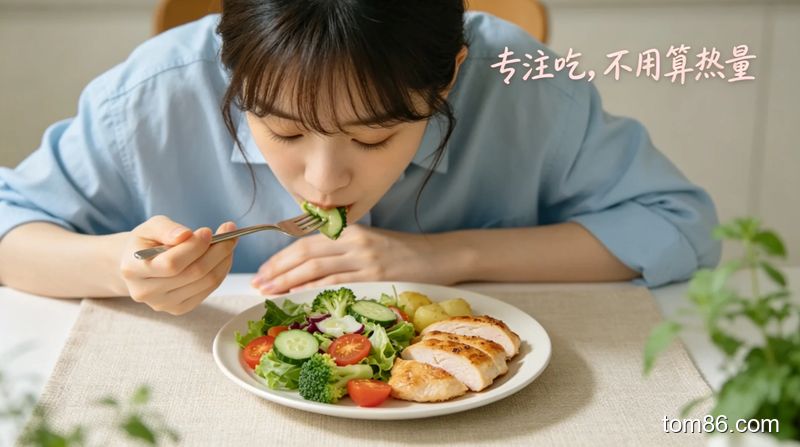 温馨餐桌场景，人物用小盘子装低卡餐食，专注咀嚼食物不看手机，风格清新生活化，画面标注&lsquo;专注吃，不用算热量&rsquo;文字