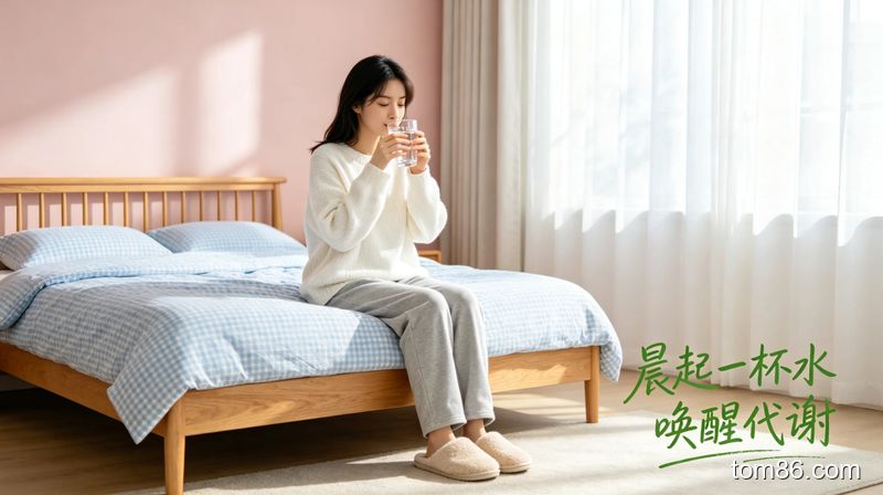 卧室床边场景，女生刚起床坐在床上喝温水，风格清新明亮生活化，画面标注文字 &ldquo;晨起一杯水 唤醒代谢&rdquo;，无复杂道具