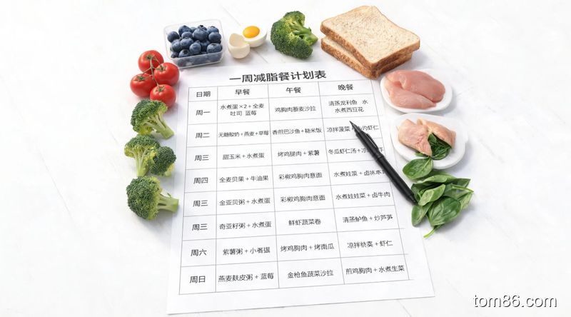 一张打印出来的一周减脂餐计划表,旁边放着笔和新鲜食材,展示懒人减肥餐单的规划