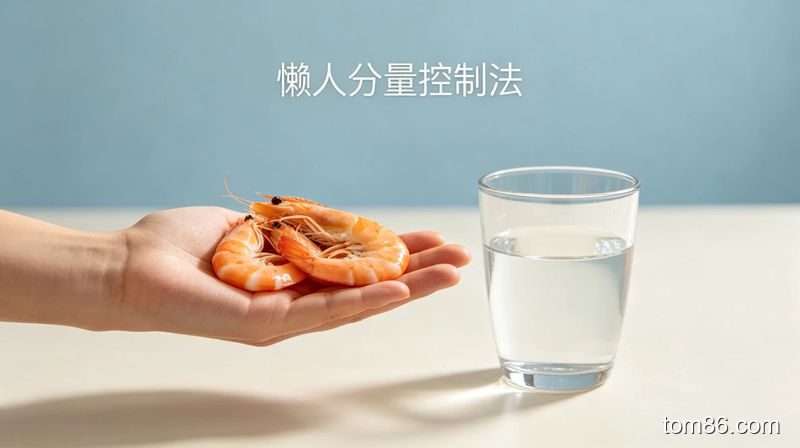 厨房场景,用手掌衡量虾的分量,旁边放着一杯温水,风格简约清新,标注 “懒人分量控制法” 文字