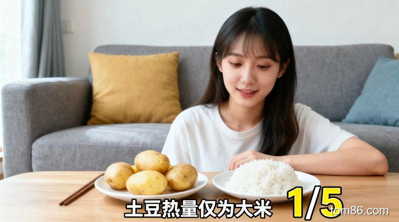 居家场景，女生坐在沙发上看着面前的蒸土豆和大米对比盘，风格清新明亮，画面标注 &ldquo;土豆热量仅为大米 1/5&rdquo; 文字，生活化风格