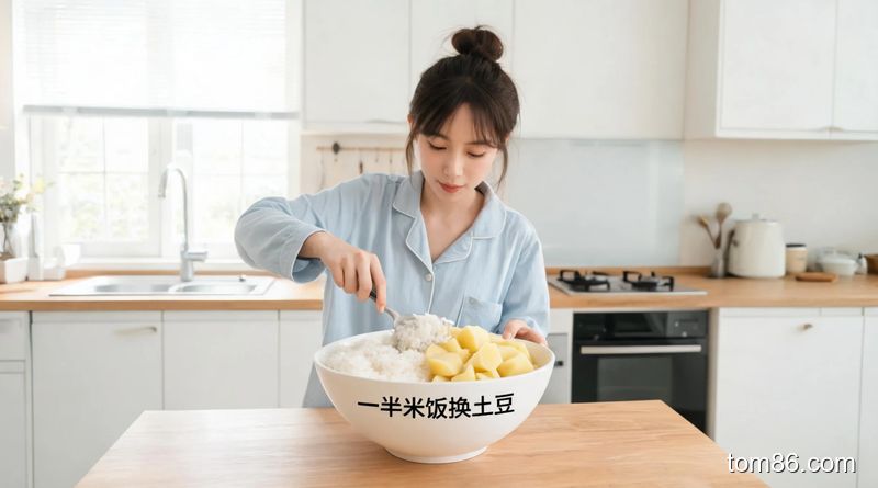 厨房场景，清新明亮风格，女生把蒸好的土豆块和白米饭混合在碗里，碗边标注 &ldquo;一半米饭换土豆&rdquo; 文字，展示懒人零厨艺操作，无需复杂厨具