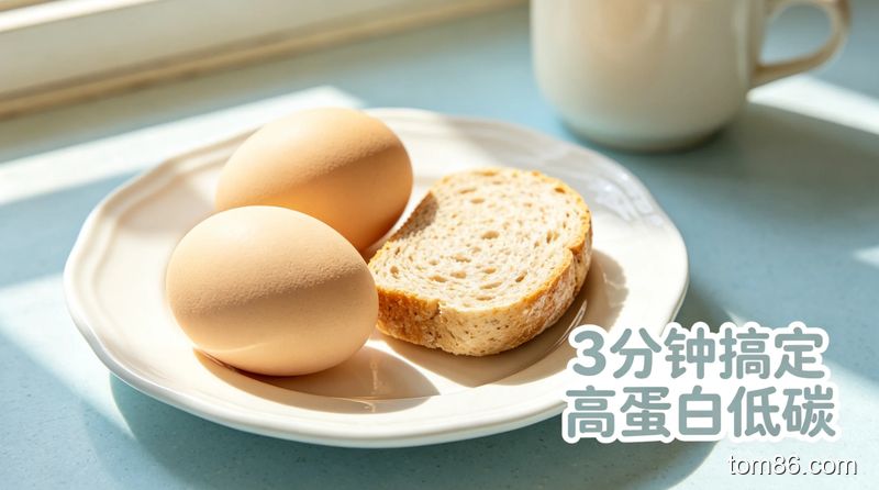 清新明亮生活化风格，展示两个茶鸡蛋搭配一片全麦小面包，旁边标注&lsquo;3 分钟搞定 高蛋白低碳&rsquo;，食材新鲜自然