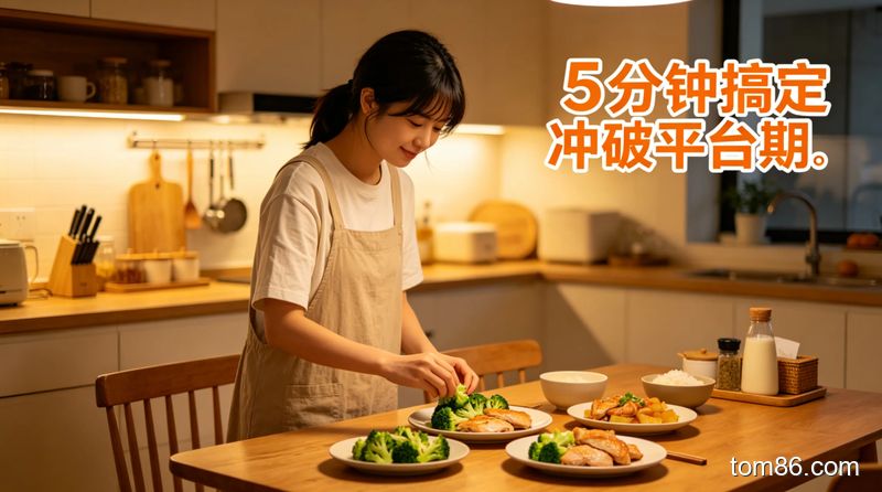 厨房场景，女生用冰箱剩菜（水煮西兰花、即食鸡胸肉）快速摆盘成低 GI 餐，动作简单快手，风格暖色调，标注文字 &ldquo;5 分钟搞定 冲破平台期&rdquo;，无需复杂厨具