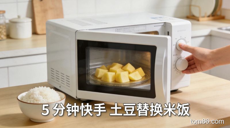 简约厨房场景，懒人单手操作微波炉加热切块的土豆，旁边摆着一碗白米饭，标注 &ldquo;5 分钟快手 土豆替换米饭&rdquo;，清新明亮风格，无复杂厨具