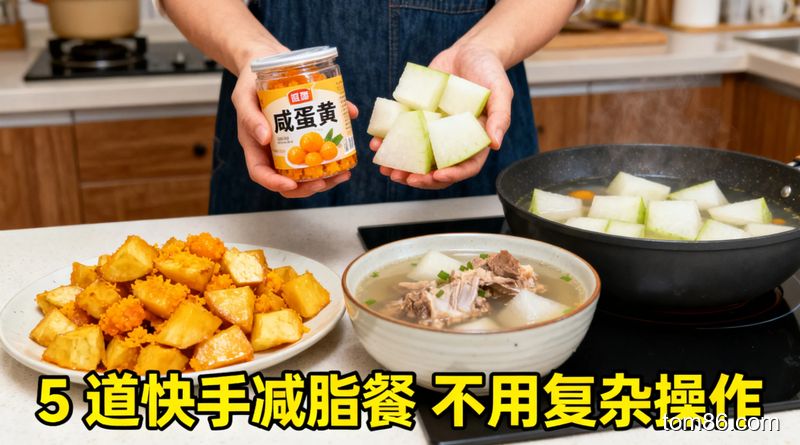 厨房场景，一人拿着现成咸蛋黄和冬瓜块，旁边摆着做好的咸蛋黄焗冬瓜、冬瓜排骨汤，风格温馨生活化，画面下方标注文字 &ldquo;5 道快手减脂餐 不用复杂操作&rdquo;