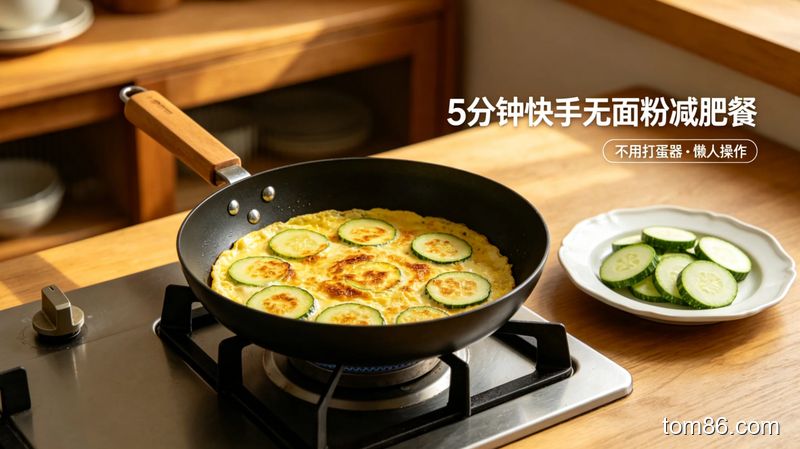 用平底锅制作西葫芦烘蛋,旁边放切好的西葫芦片,标注 “5 分钟快手无面粉减肥餐”,风格温馨生活化,突出 “不用打蛋器” 的懒人操作